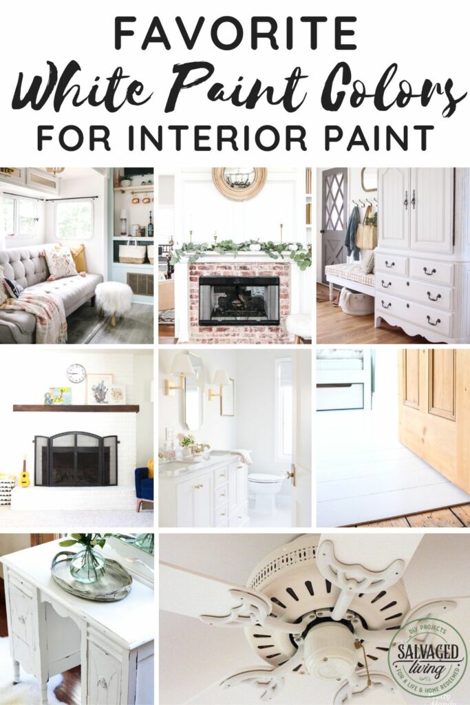 Eight photos of different shades of white interior paint with text.