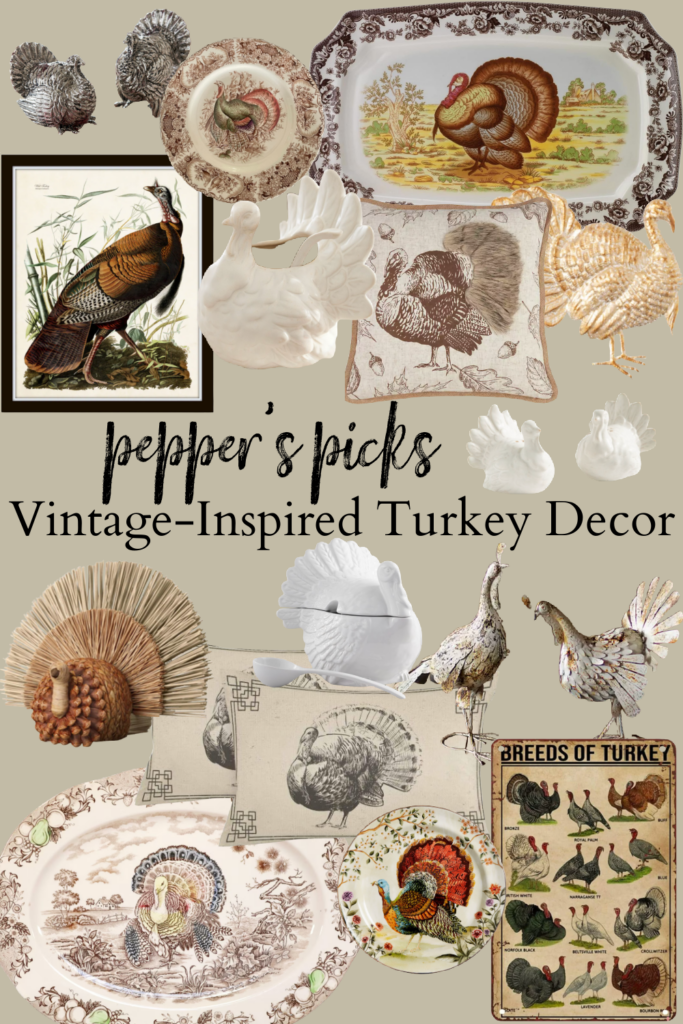 This vintage-inspired turkey decor is exactly what you need in your home to nod to Fall. Vintage, cozy, curated & beautiful coming your way! #turkeydecor #vintageinspired #falldecor