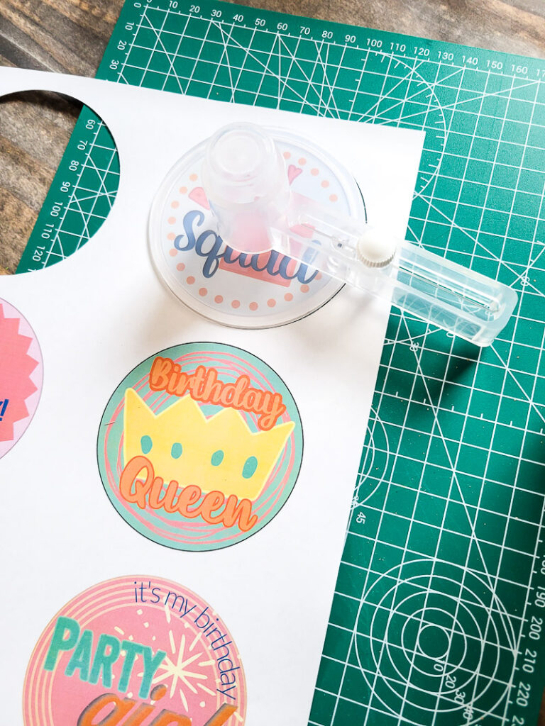 how to make a diy birthday girl button for birthday parties, birthday gift idea, office birthday or to celebrate yourself! How to use the VEVOR button maker to create 3" buttons to wear, give or sell. , This is the perfect birthday gift to send in the mail or make for your entire birthday squad! #birthdaysquad #girlbirthday #birthdayqueen #partyfavor #birthdaybutton #birthdaypin #freebuttontemplate