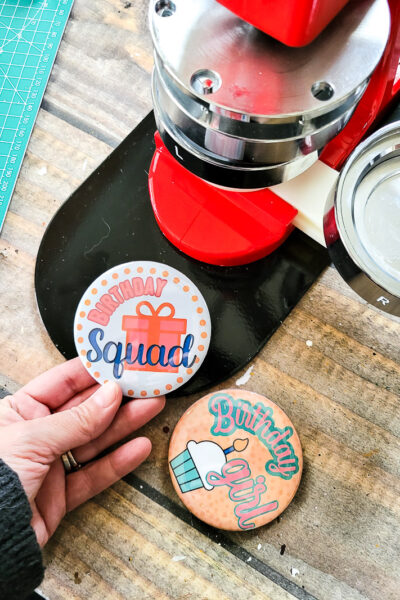 how to make a diy birthday girl button for birthday parties, birthday gift idea, office birthday or to celebrate yourself! How to use the VEVOR button maker to create 3" buttons to wear, give or sell. , This is the perfect birthday gift to send in the mail or make for your entire birthday squad! #birthdaysquad #girlbirthday #birthdayqueen #partyfavor #birthdaybutton #birthdaypin #freebuttontemplate