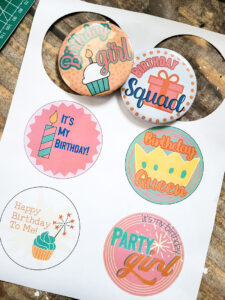 how to make a diy birthday girl button for birthday parties, birthday gift idea, office birthday or to celebrate yourself! How to use the VEVOR button maker to create 3" buttons to wear, give or sell. , This is the perfect birthday gift to send in the mail or make for your entire birthday squad! #birthdaysquad #girlbirthday #birthdayqueen #partyfavor #birthdaybutton #birthdaypin #freebuttontemplate