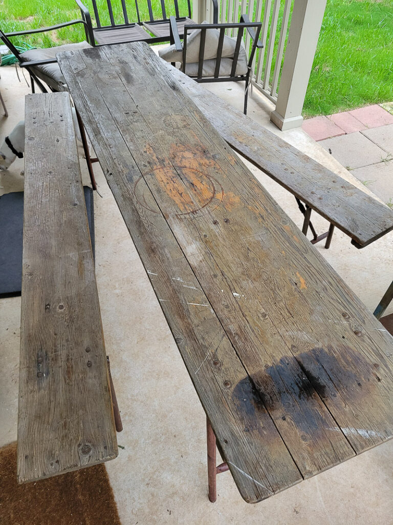 Save your outdoor dining area furniture with this step by step tutorial of how to stain your wood patio furniture. This wood patio furniture makeover is a one day project that packs a punch. I'll show you the best products to use to update your wood furniture for the outdoor elements. @rustoleum #varathane @varathane #gatorfinishing @gatorfinishing #patiofurnitureupdate